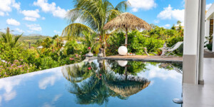 Piscine à débordement de la Villa Corail entourée d’un jardin tropical à Sainte-Luce